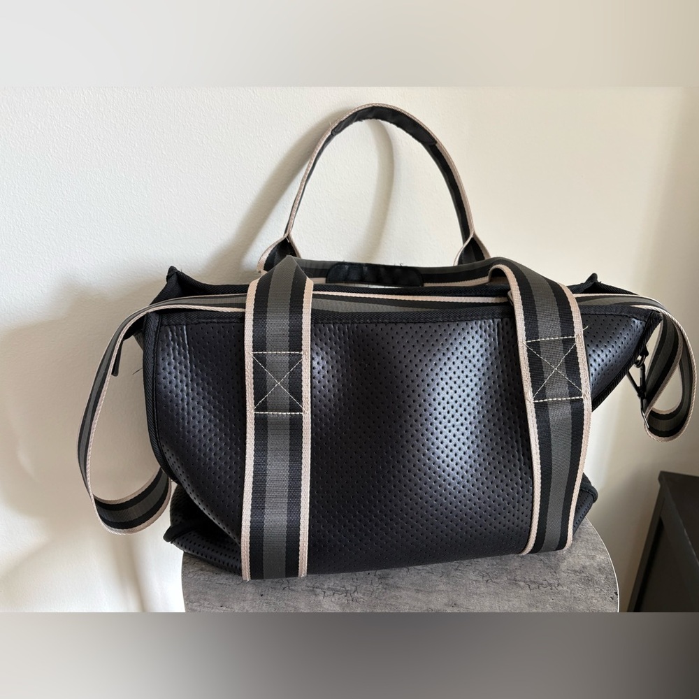 Haute Shore Isla Boss Neoprene Book Tote - Black/Gold Striped Travel Athleisure